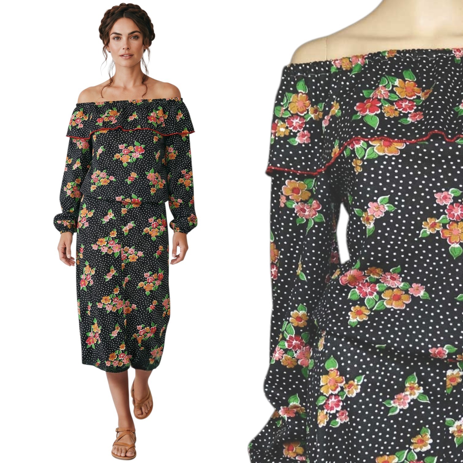 1970s Vintage Skirt Off Shoulder Top Set/Dress Boho Black White Dot Floral 10 M