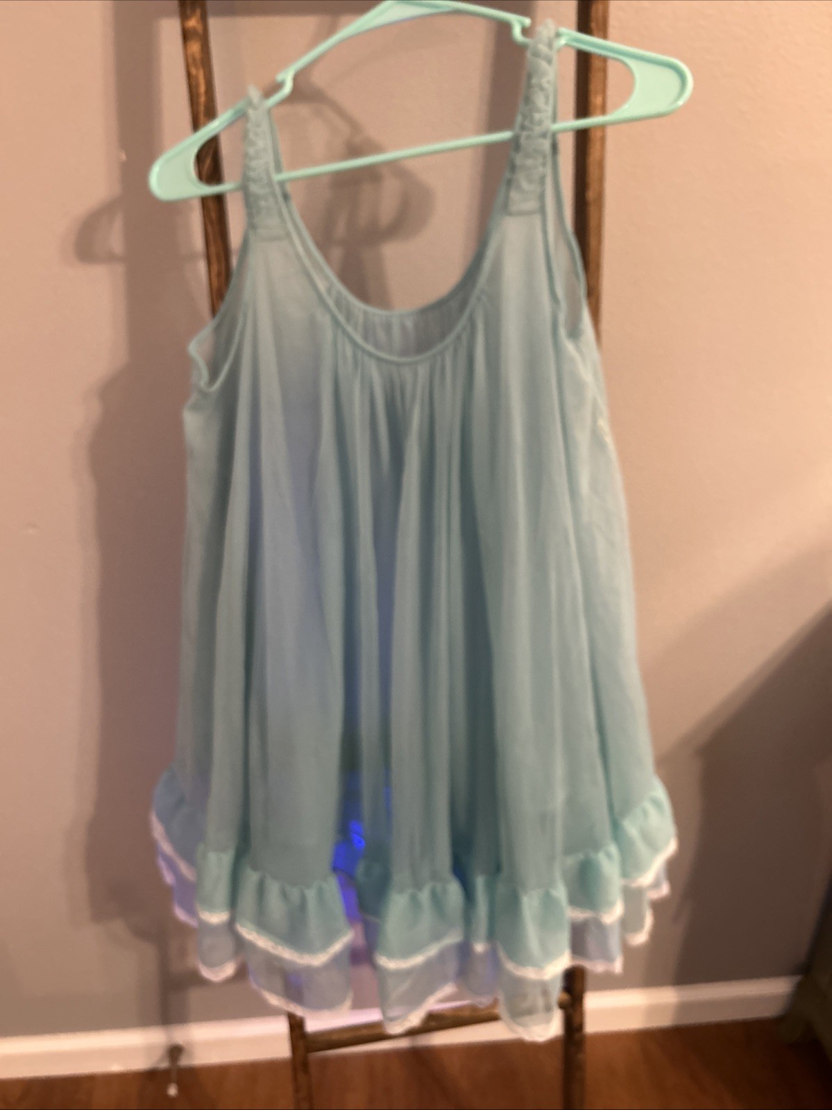 Vintage Rare Miss Elaine Aqua Nightgown Blue Sheer Chiffon Lace Babydoll