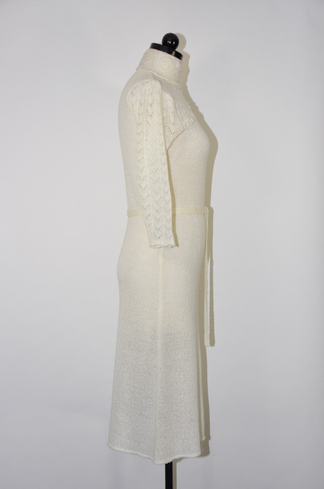 70s Vintage Cream Off White Pointelle Knit High Neck Pearl Sweater Dress Women M