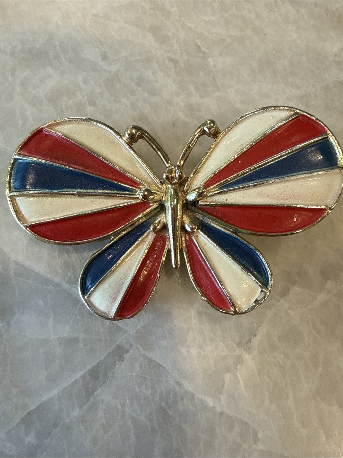 Vintage Enamel Butterfly Hair Clip Barrette Red White Blue