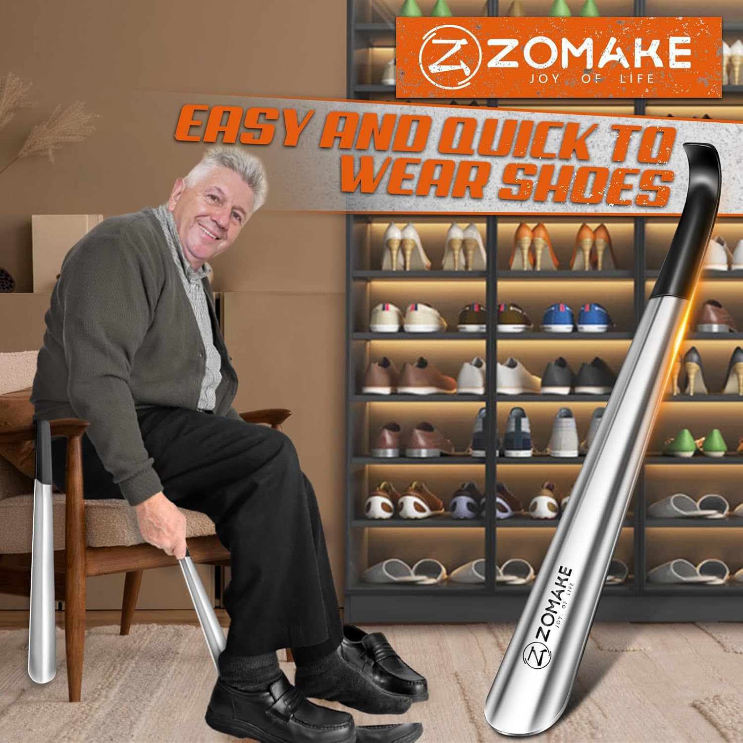 ZOMAKE Shoe Horn Long Handle for Seniors Men Women,Metal Long Shoehorn Boot Horn