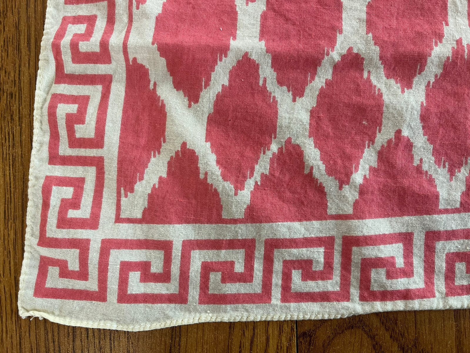 Vintage Coral Pink Cream Bandana Greek Key Diamond Print 19.5”x20.5”