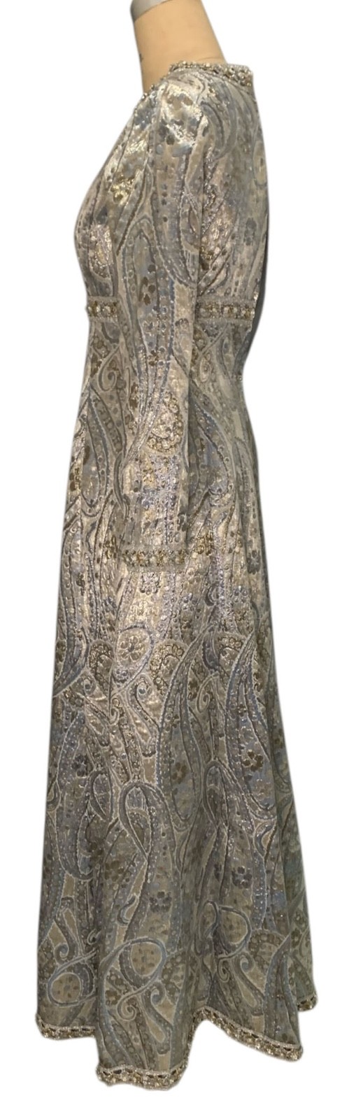 Vintage 60s/70s Women’s Empire Waist Metallic Paisley Brocade Dress – Size XS/S
