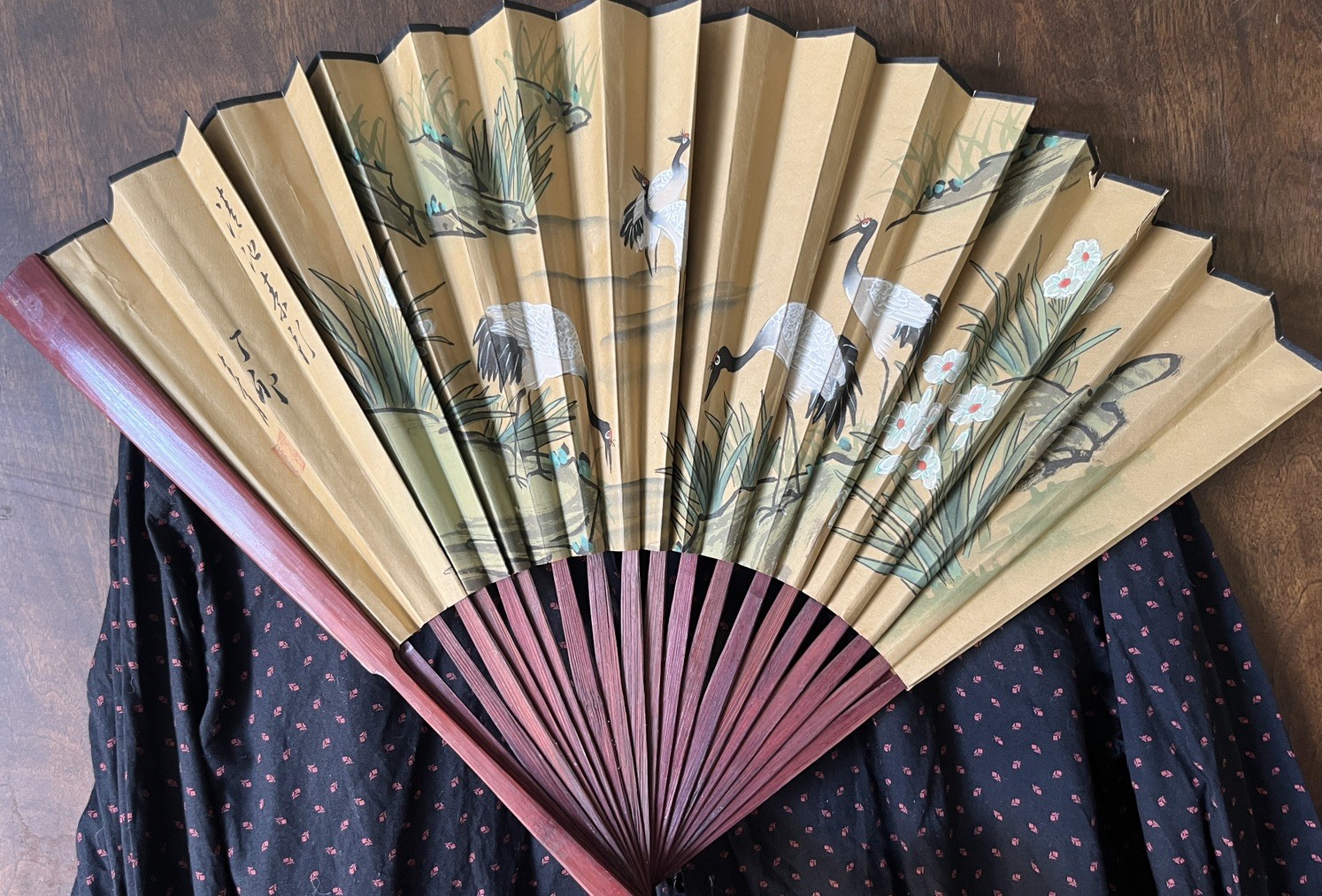 VTG X Large Asian Chinese Fan Wall Art Decor Birds Floral Hand Painted