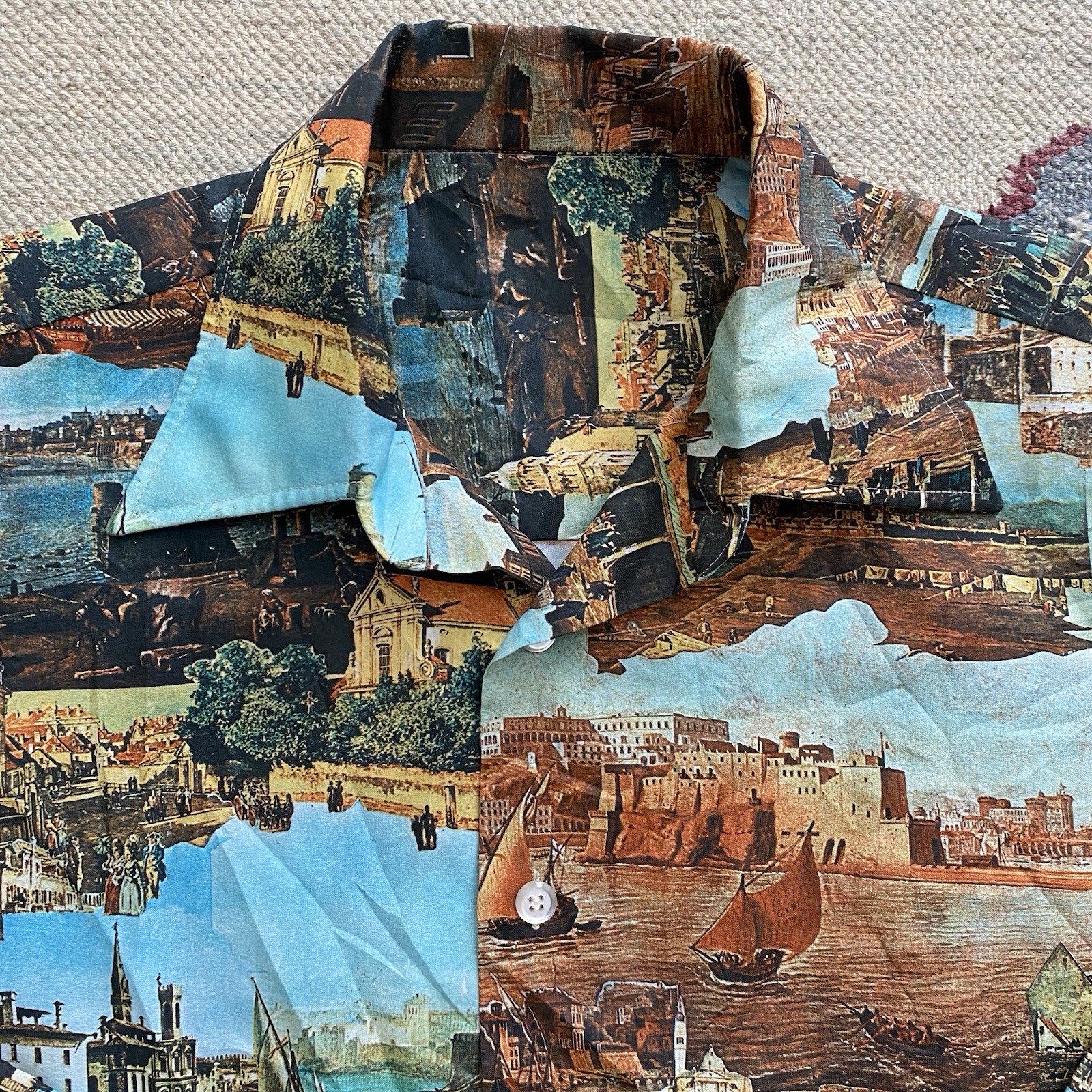 70s Photo Print Shirt Venice Canal Large Disco Big Collar AOP Vintage Italy