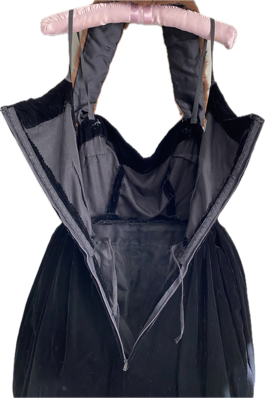 VINTAGE 1940-50’s BLACK SILK VELVET DRESS W ERMINE SHOULDER BAND
