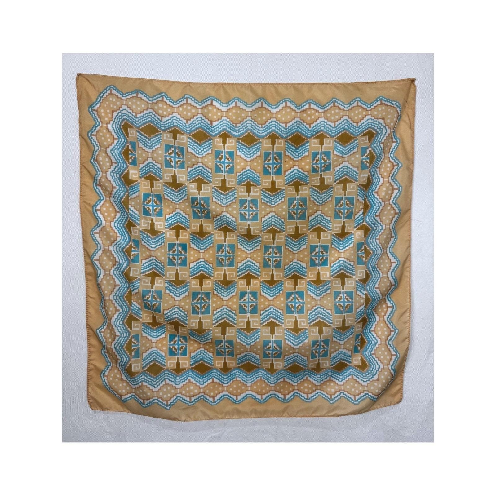 Qiana Vintage Geometric Square Scarf Tan Blue Nylon Made in Italy 19.5×20