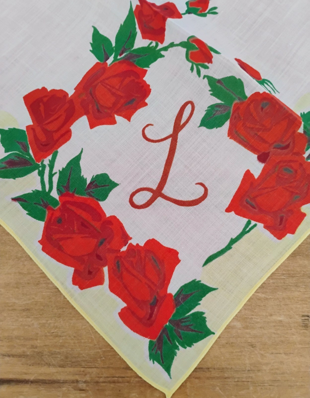 Vgt L Monogram Printed Red Roses On Yellow Cotton Hankie Handkerchief