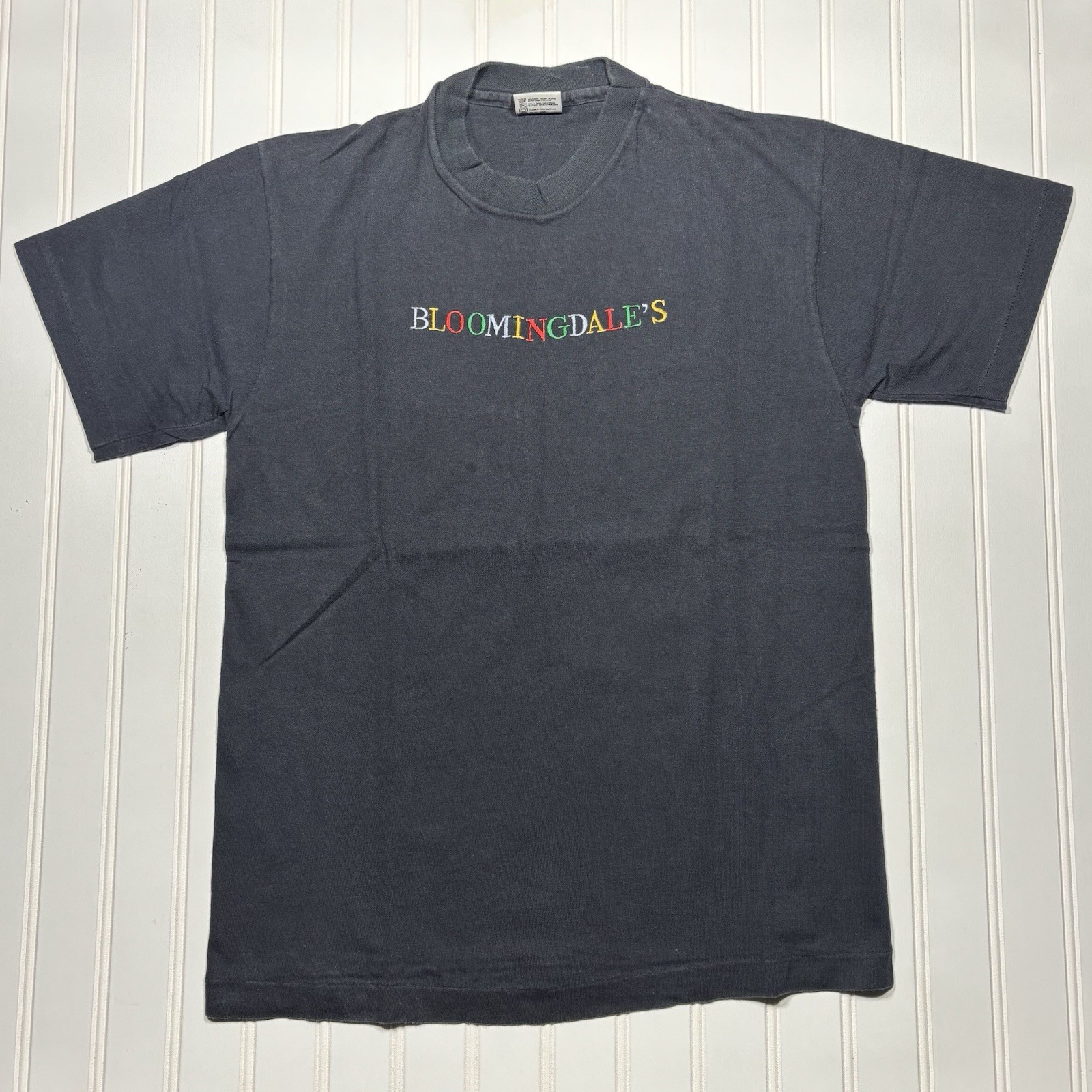 Vintage Bloomingdales Shirt Mens Medium Black Single Stitch Embroidered Cotton