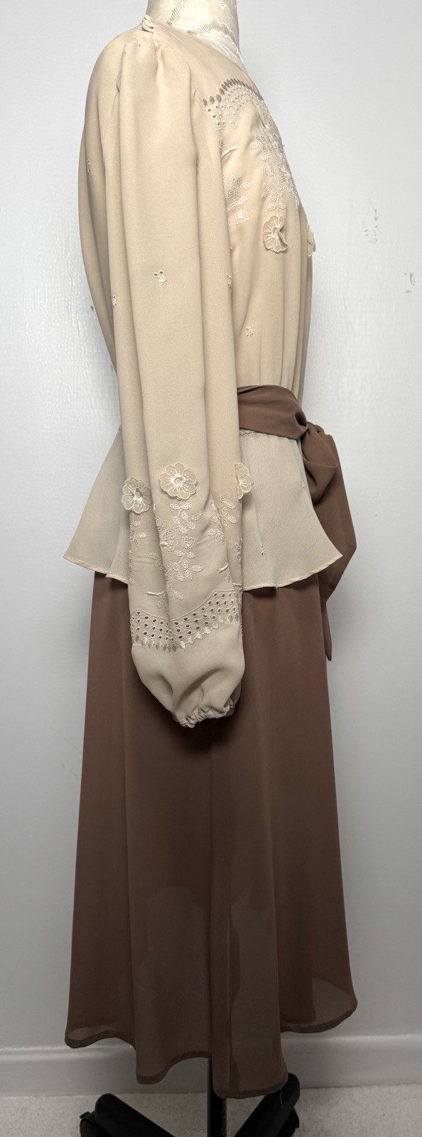 Vintage 70s Lace Appliqué Blouse Skirt Set M Sheer Romantic Chiffon Midi