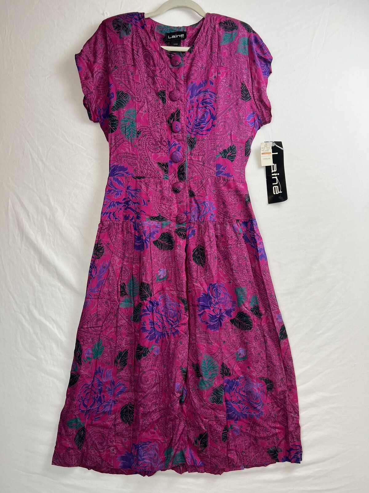 VTG Laine USA Dress Women Size 13/14 Floral Rayon Short Sleeve Max