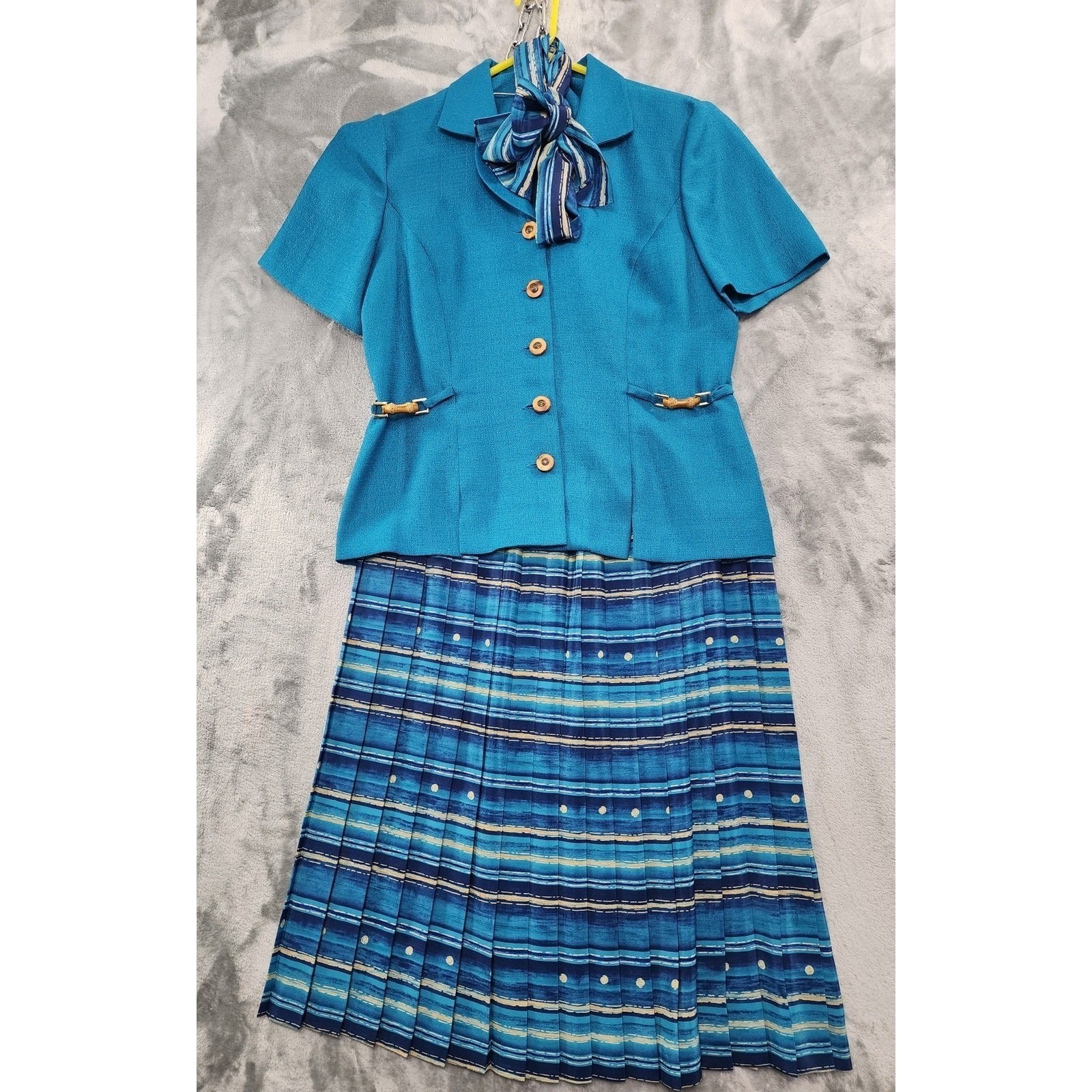 Vintage Leslie Fay Skirt Set Womens M Blue Short Sleeve Blazer Striped Pleated