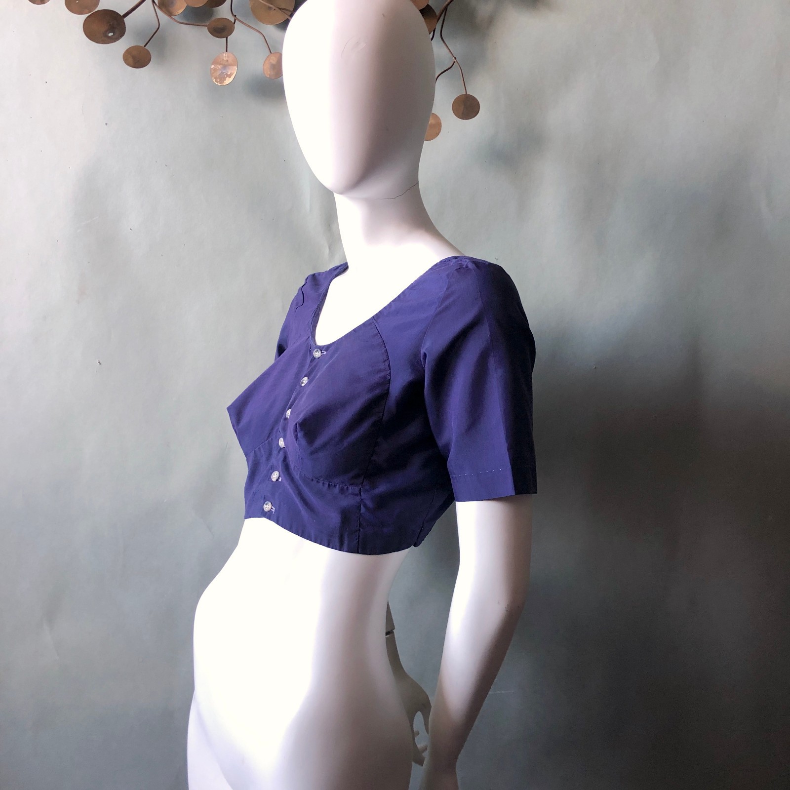 Vintage 1950s Blue Crop Top Playsuit Top Busty Midriff Sexy Rockabilly 38 Bust