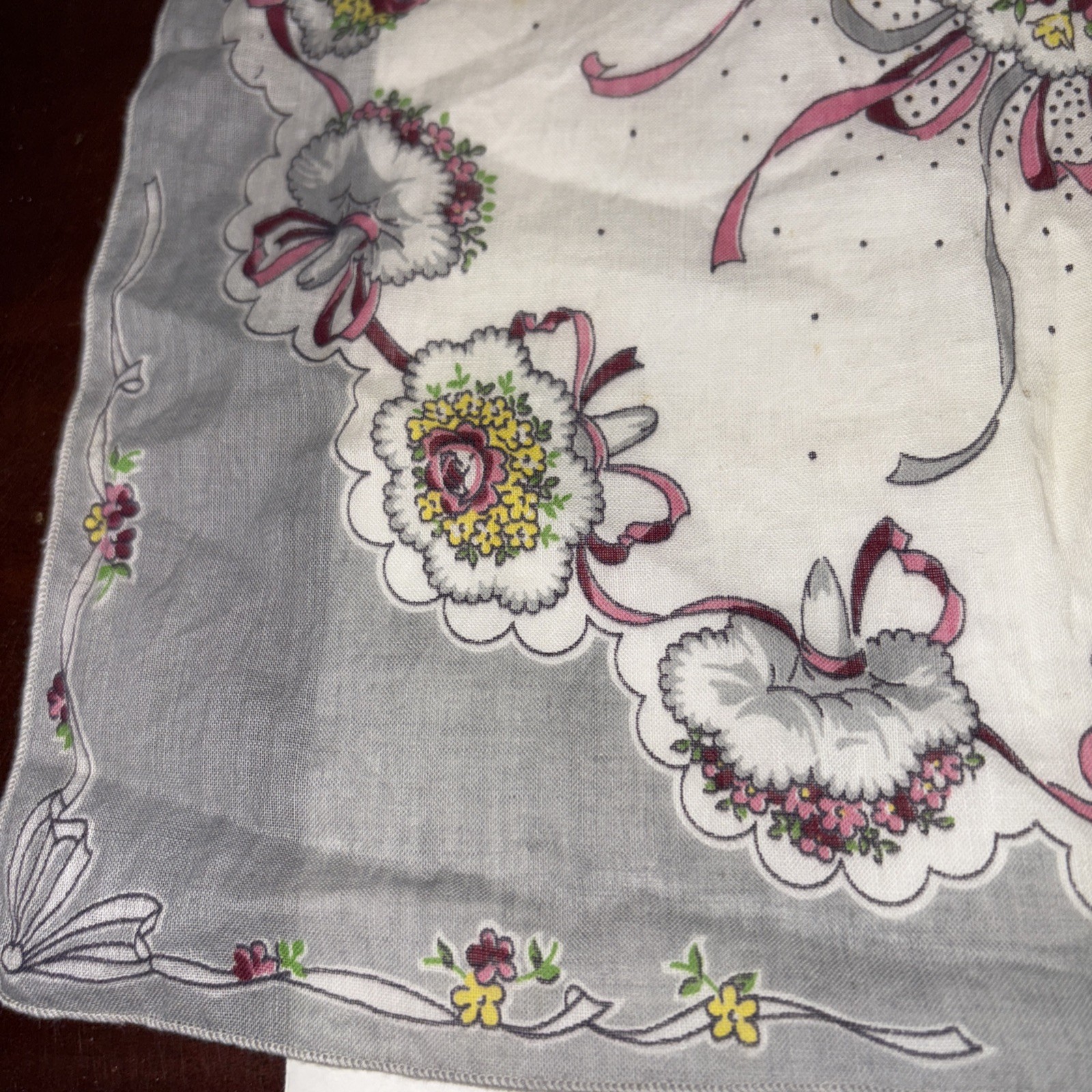 Women’s Vintage Handkerchief ribbons and floral bridal bouquet 14×12.5