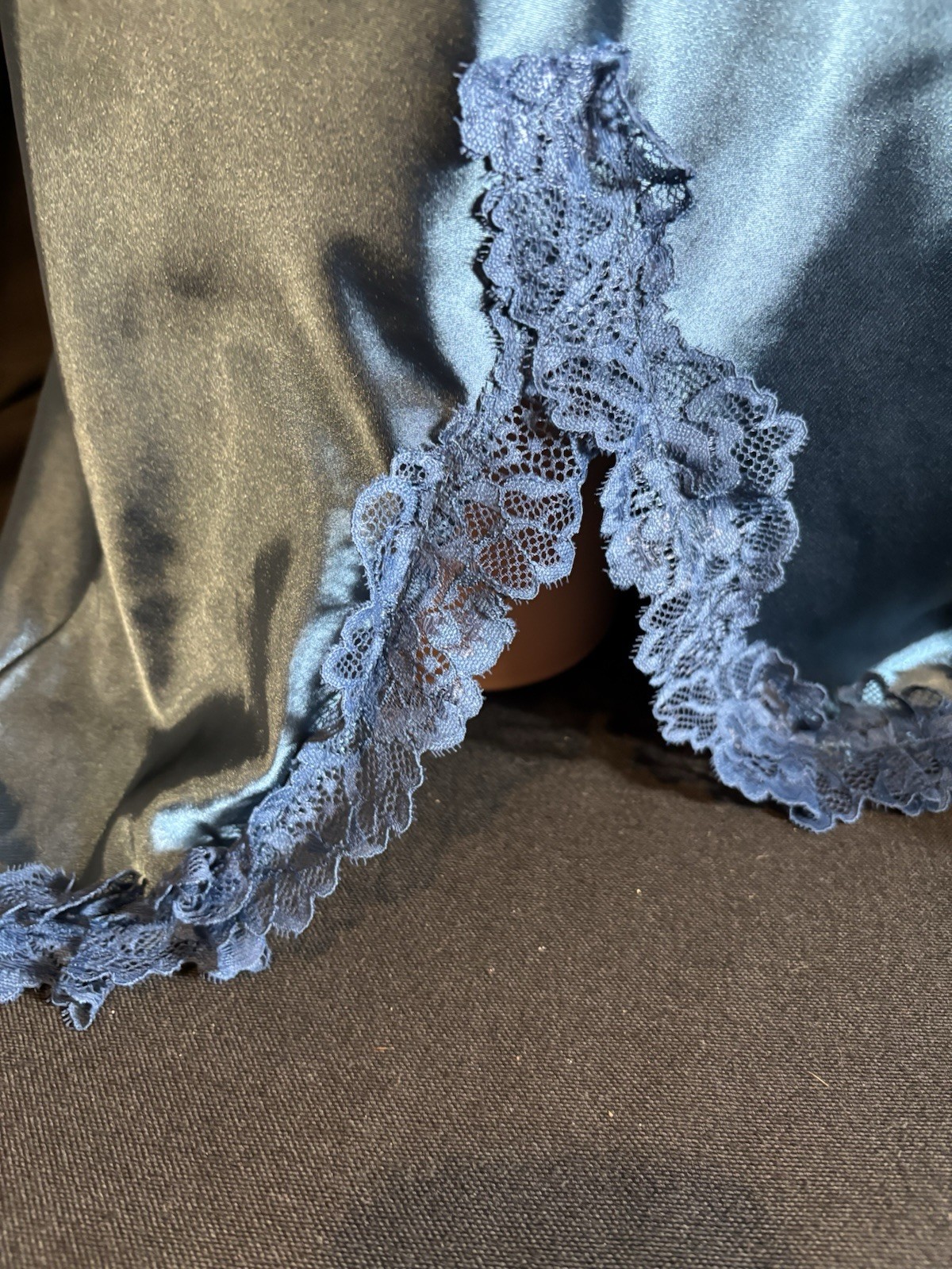 Vtg Satin Shiny Blue Nightie Gown Dress Sexy Frilly Lace Nightgown Babydoll 40″