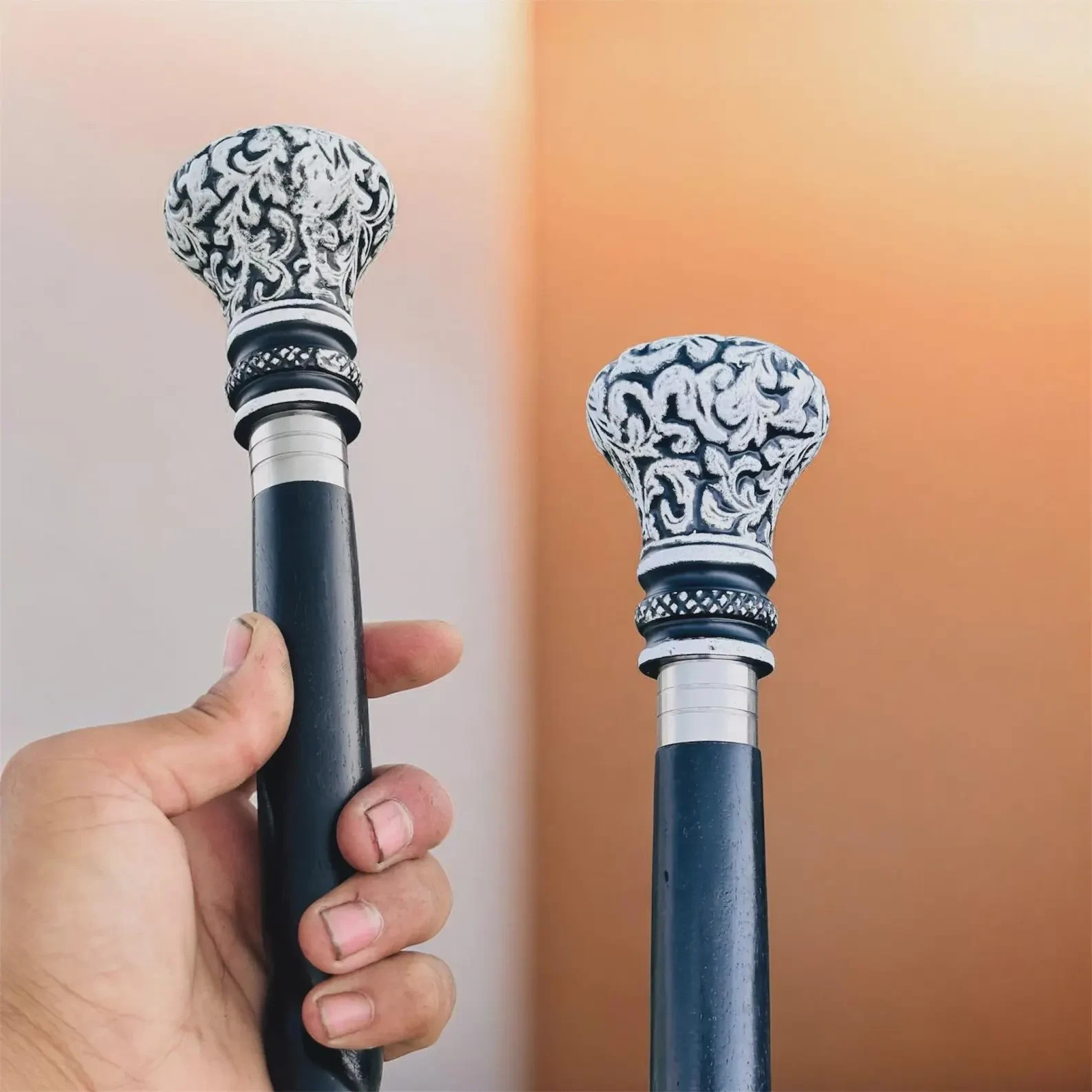 Vintage walking cane,silver derby handle cane,floral Black Spiral walking stick,