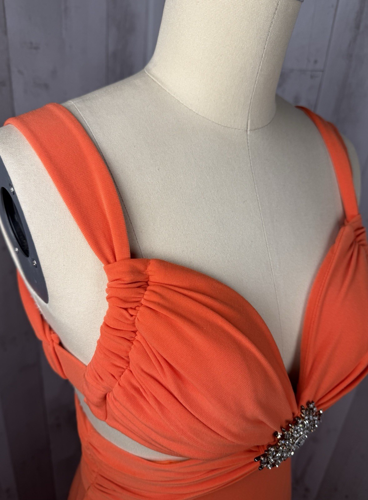 Vintage 1970s Jeweled Disco Cocktail Gown Cache Tangerine Poly Spandex Knit XS