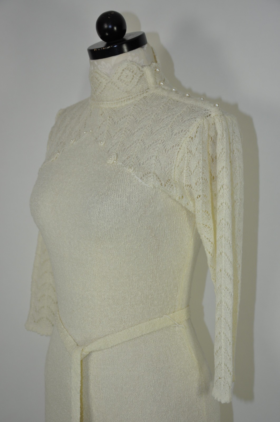 70s Vintage Cream Off White Pointelle Knit High Neck Pearl Sweater Dress Women M