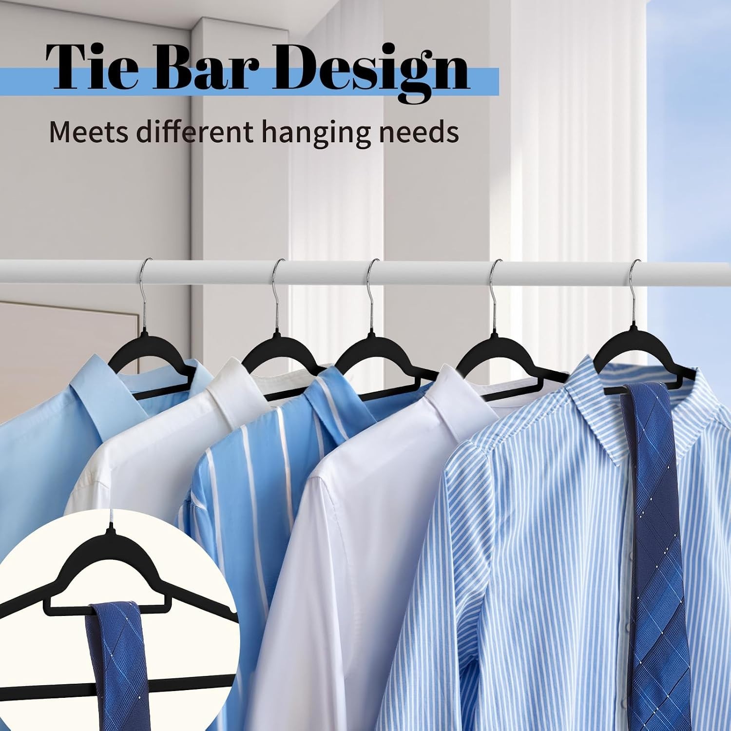 Velvet Hangers Space Saving Clothes Hangers with Tie Bar, Non 20 Pack Black
