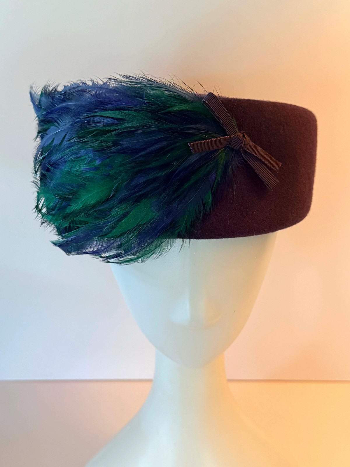 Vintage Gage Original Pillbox Hat 1950s Eggplant Wool Feather Cocktail Hat Blue