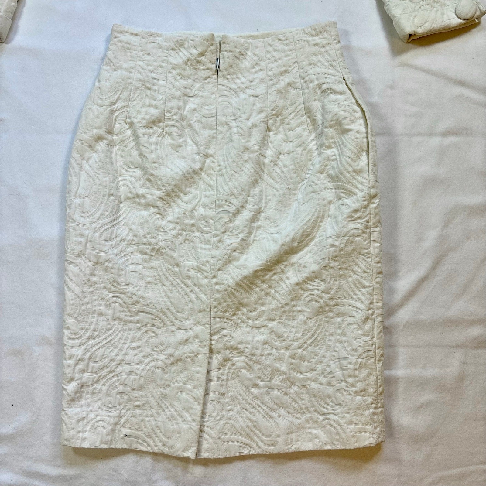 1980s Christian Dior Skirt Suit Textured Cotton Off White Blazer Pencil Skirt