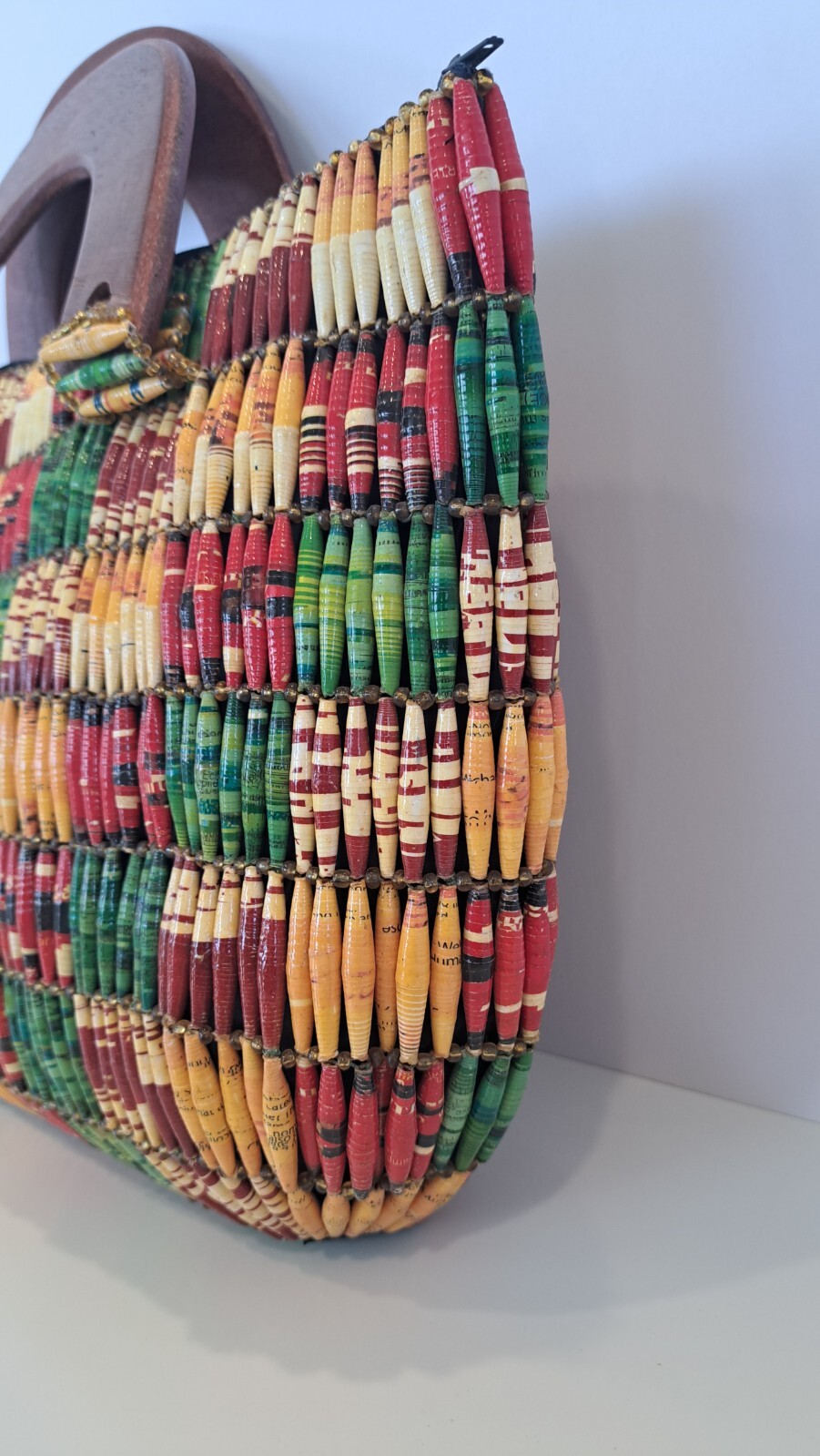 Novelty 1960’s , Recycled Statement Beaded Handbag, Wooden Handles, Zip Closure