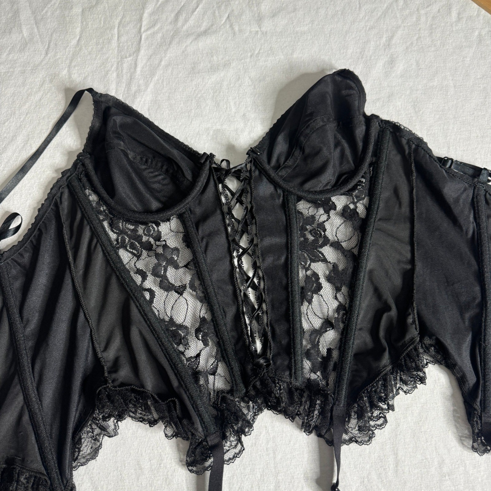 Vintage Black Satin Lace Corset Top Garter Bustier Womens VTG 36C Whimsygoth