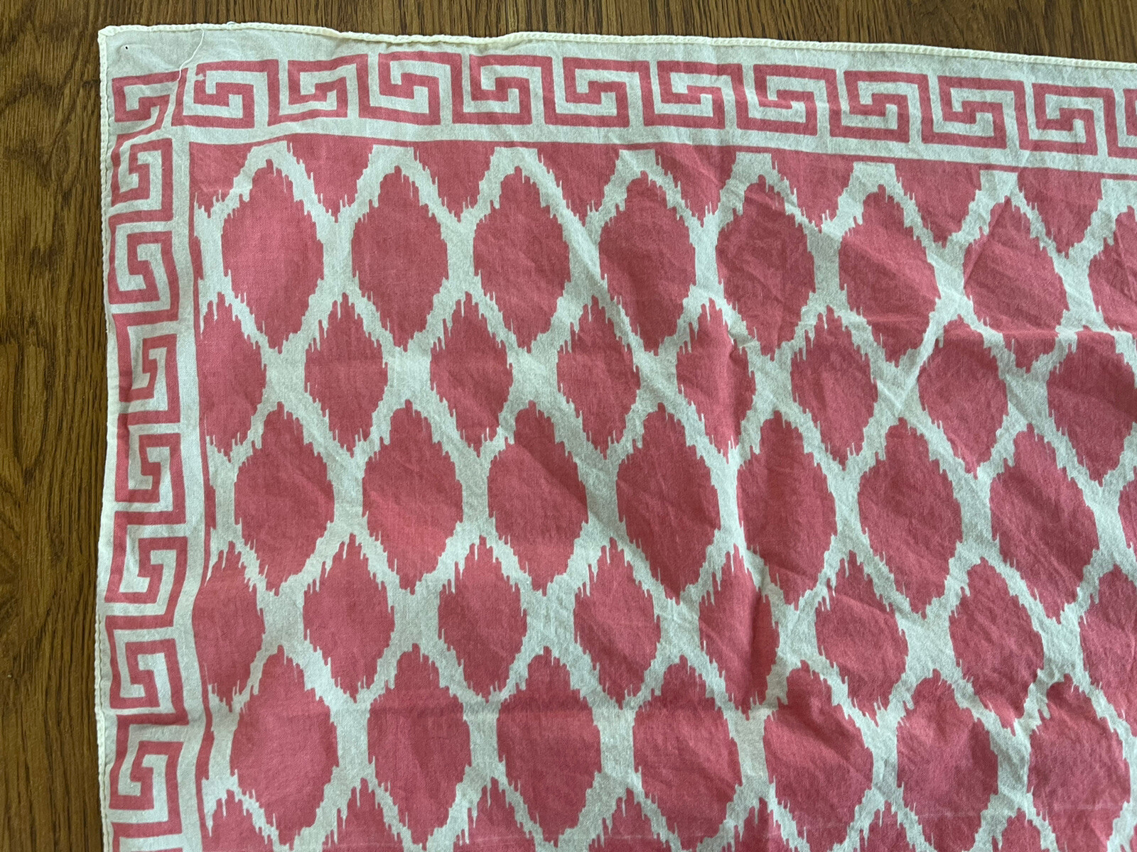 Vintage Coral Pink Cream Bandana Greek Key Diamond Print 19.5”x20.5”