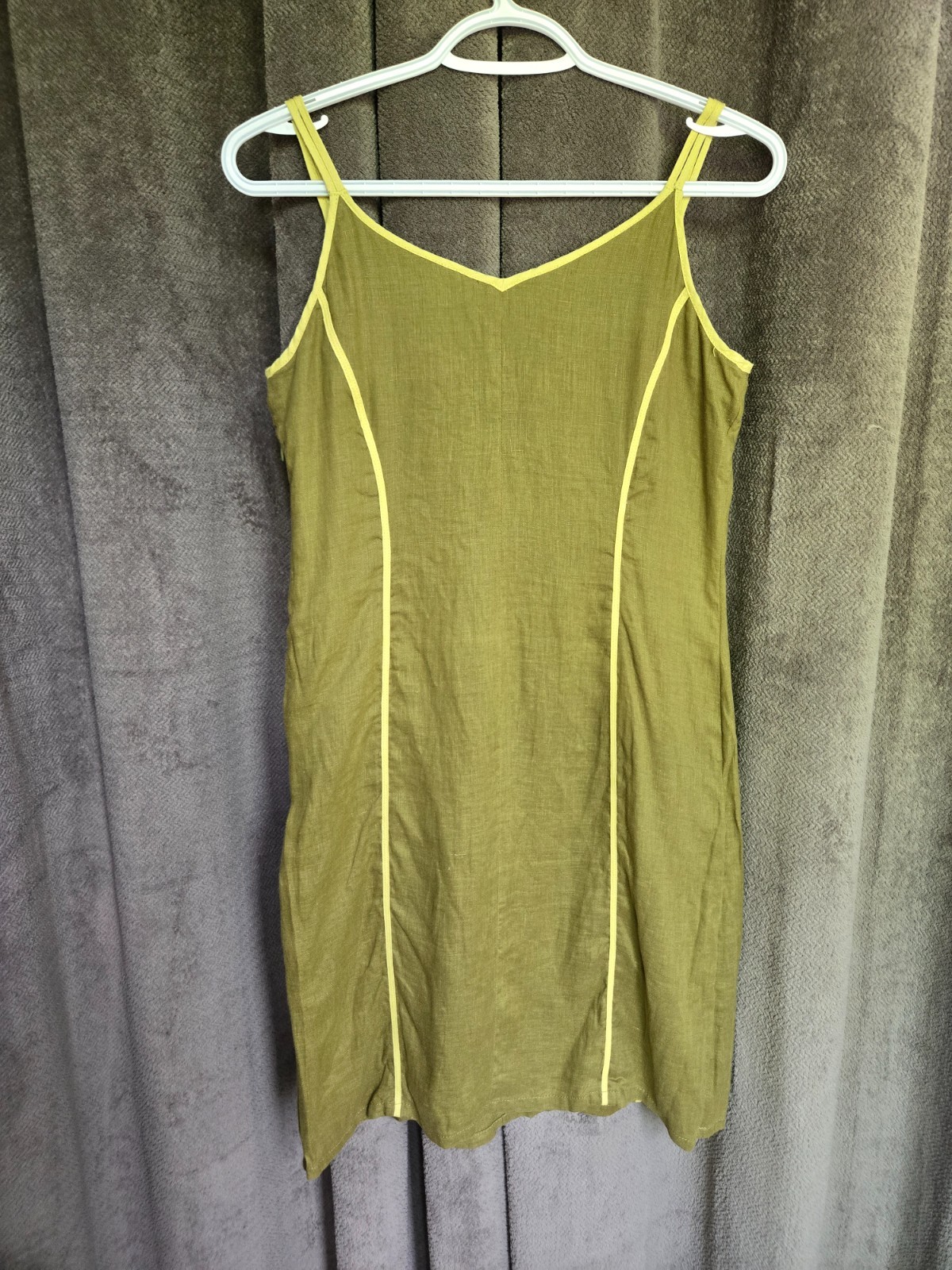 Vintage 90s Linen Blend Olive Green Mini Dress Minimalist Panel Contrast Trim