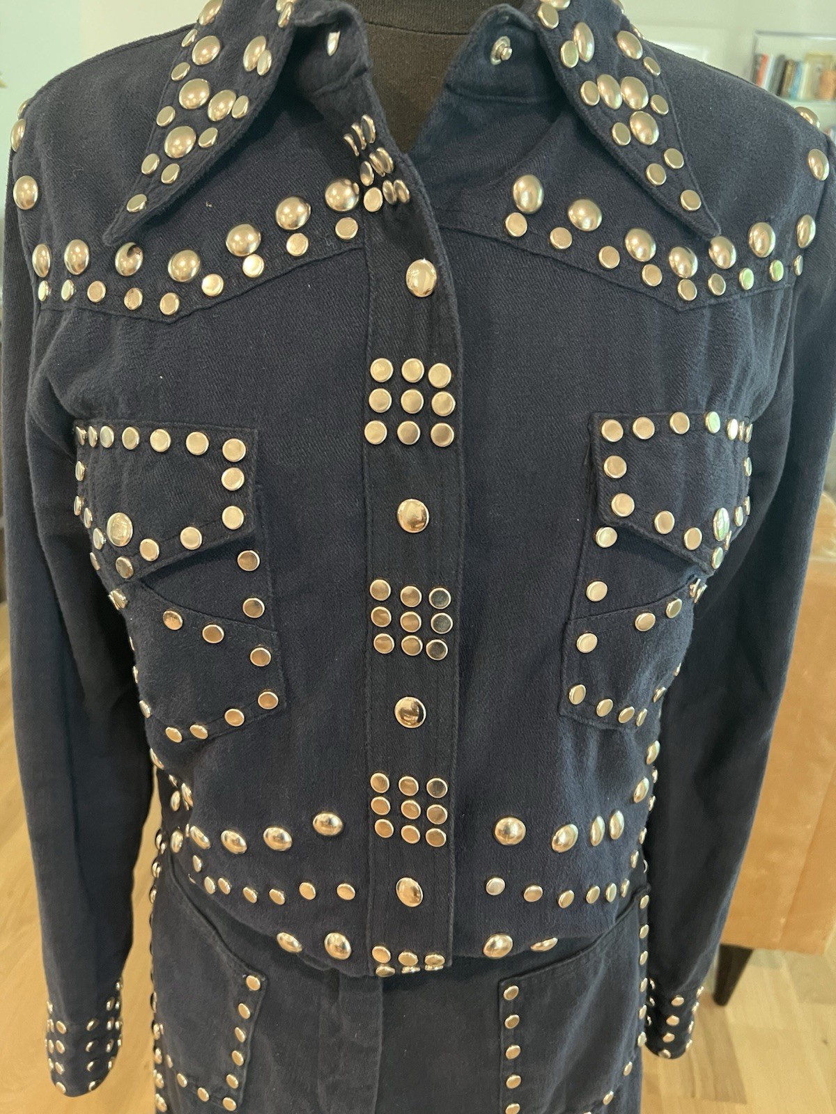 Rare 1970s Studded Allie Flynn Western Pant Suit Set Glam Rock Bell Bottoms S/M