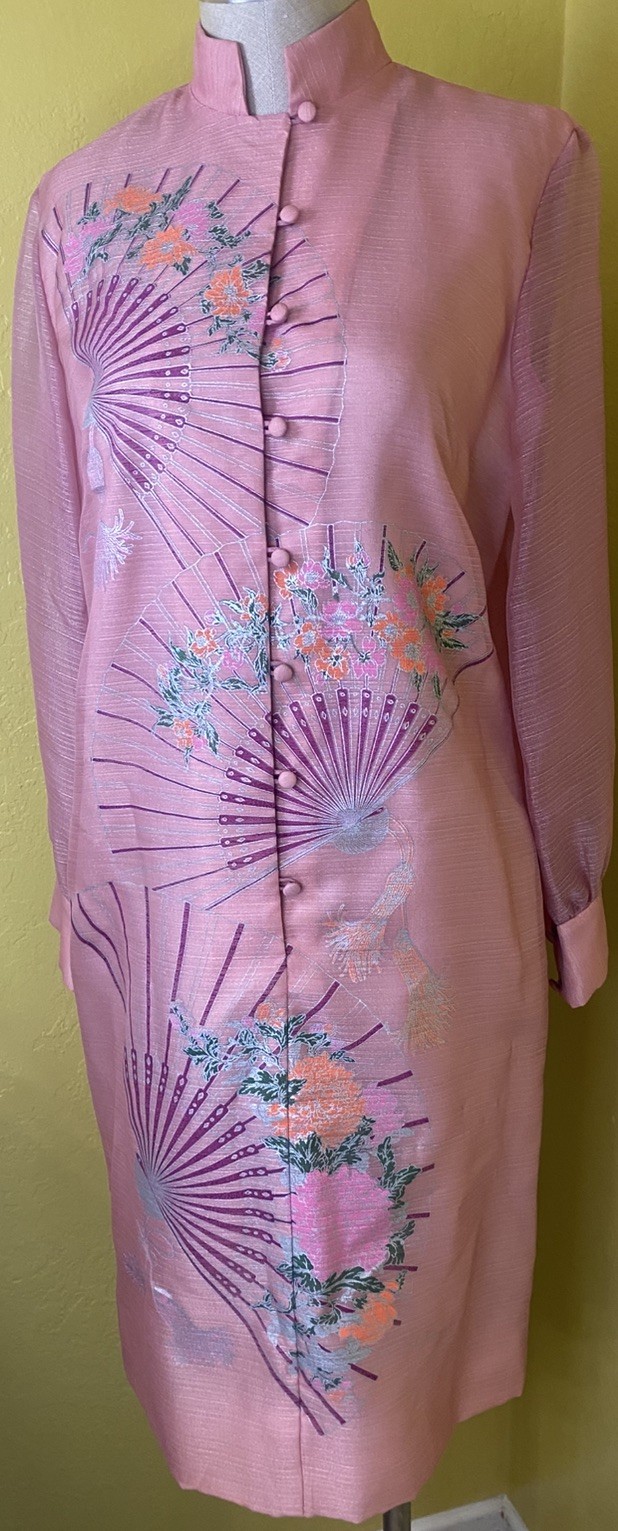 Vintage 60s 70s Alfred Shaheen Pink Fan Print Hostess Shift Dress Sheer Sleeve