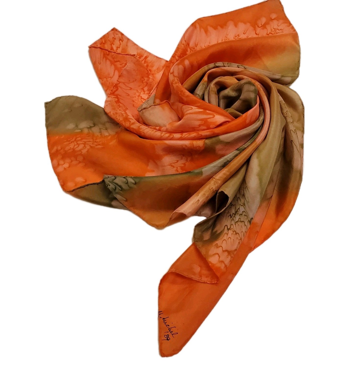 Silk Scarf Orange, Green, Signed Hand Dyed Tie Dye Art to Wear 35.5” x 35” EUC