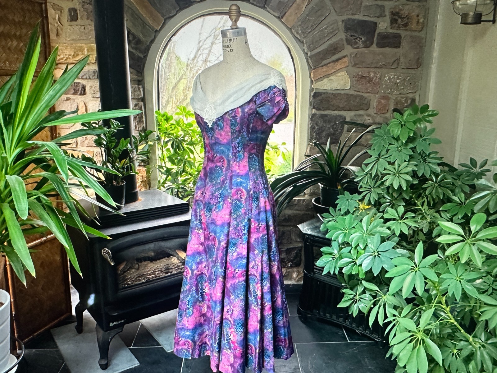 Vintage 1980s Off Shoulder Dress Deep Plum Blue Gold Print Chiffon Lace Neckline