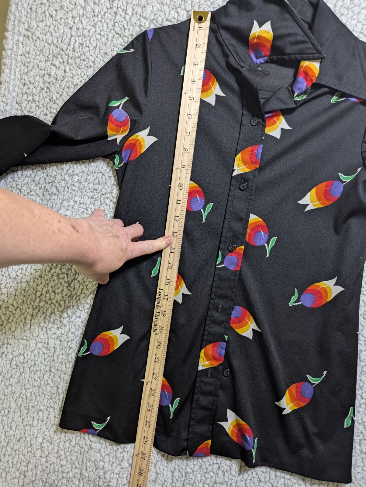Vintage Aileen Rainbow Tulip Novelty Print Button Up Blouse Size 12 Retro Art
