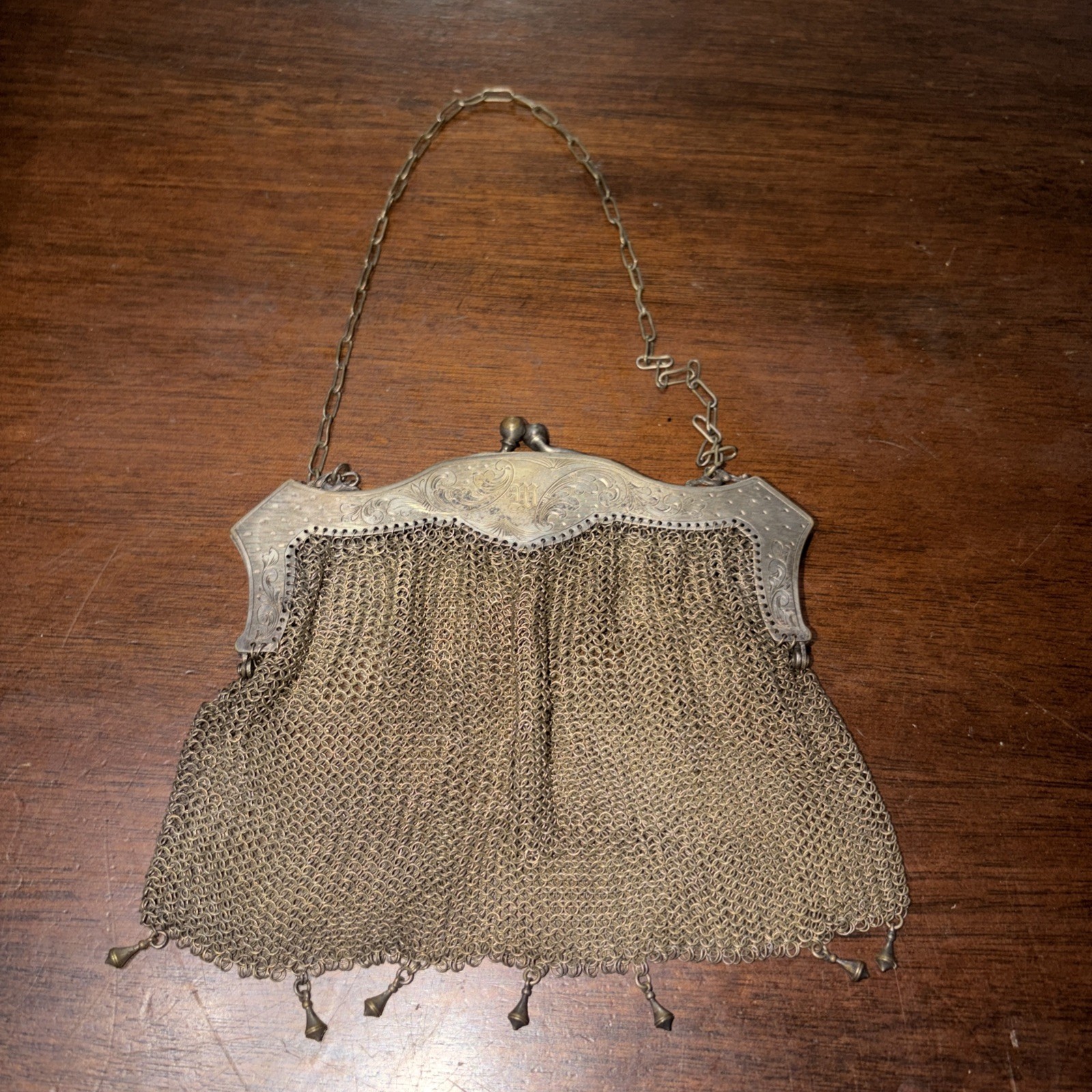 Antique Art Nouveau German Silver Mesh Chain Link Mail Purse Clutch Evening Bag