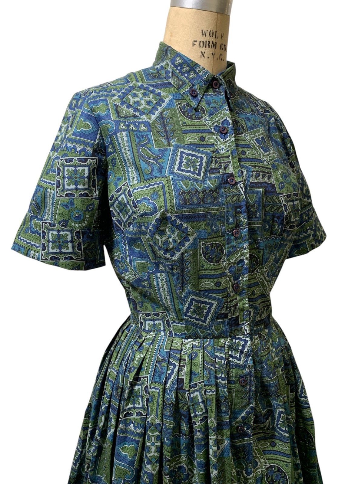 Vintage 60s Women’s SS Blue Green Paisley Cotton Shirtwaist Dress – Sz M