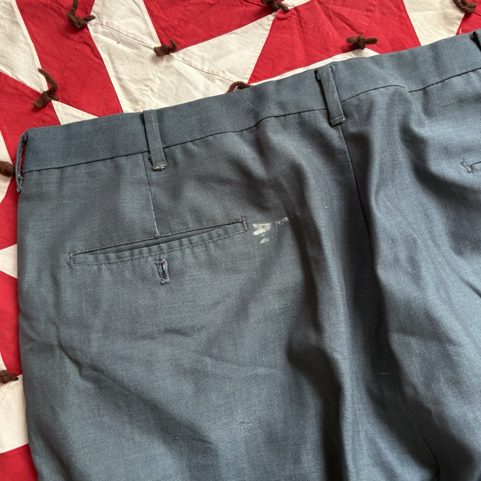 Vintage 1970s Polyester Blend Blue Pants Mens As Is Worn Flaws Distressed Paint