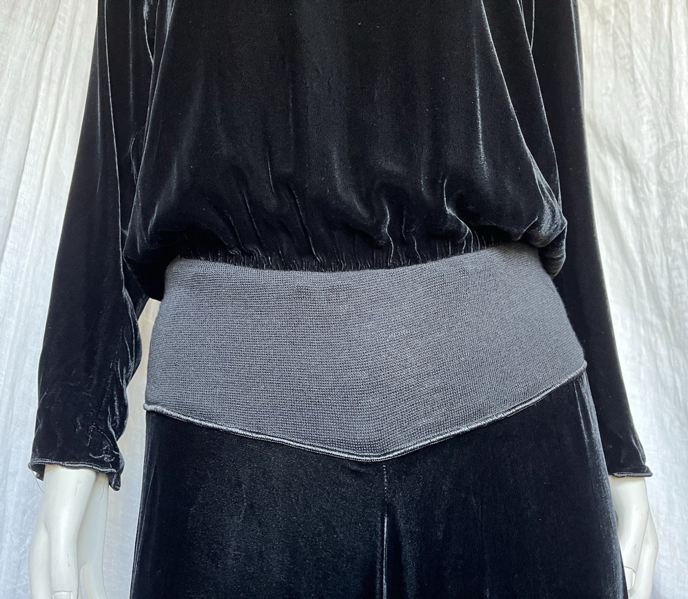 Vintage 70s Velvet Maxi Dress Black Drapey Blouson Boho Gothic Witchy 1970s Sml