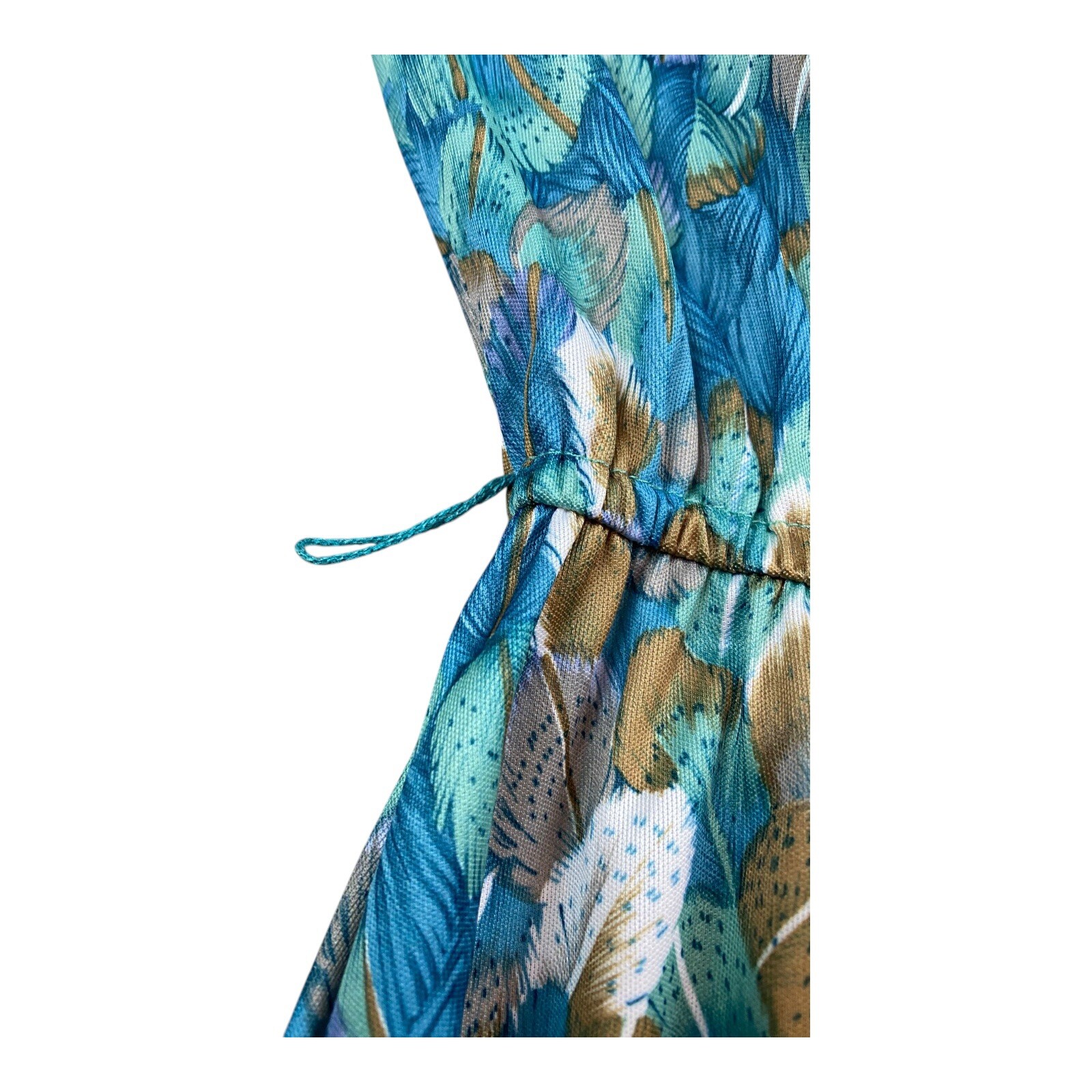 Vintage 1970s Long Sleeve Feathers Dress High Neck Cinched Waist Full Skirt Boho