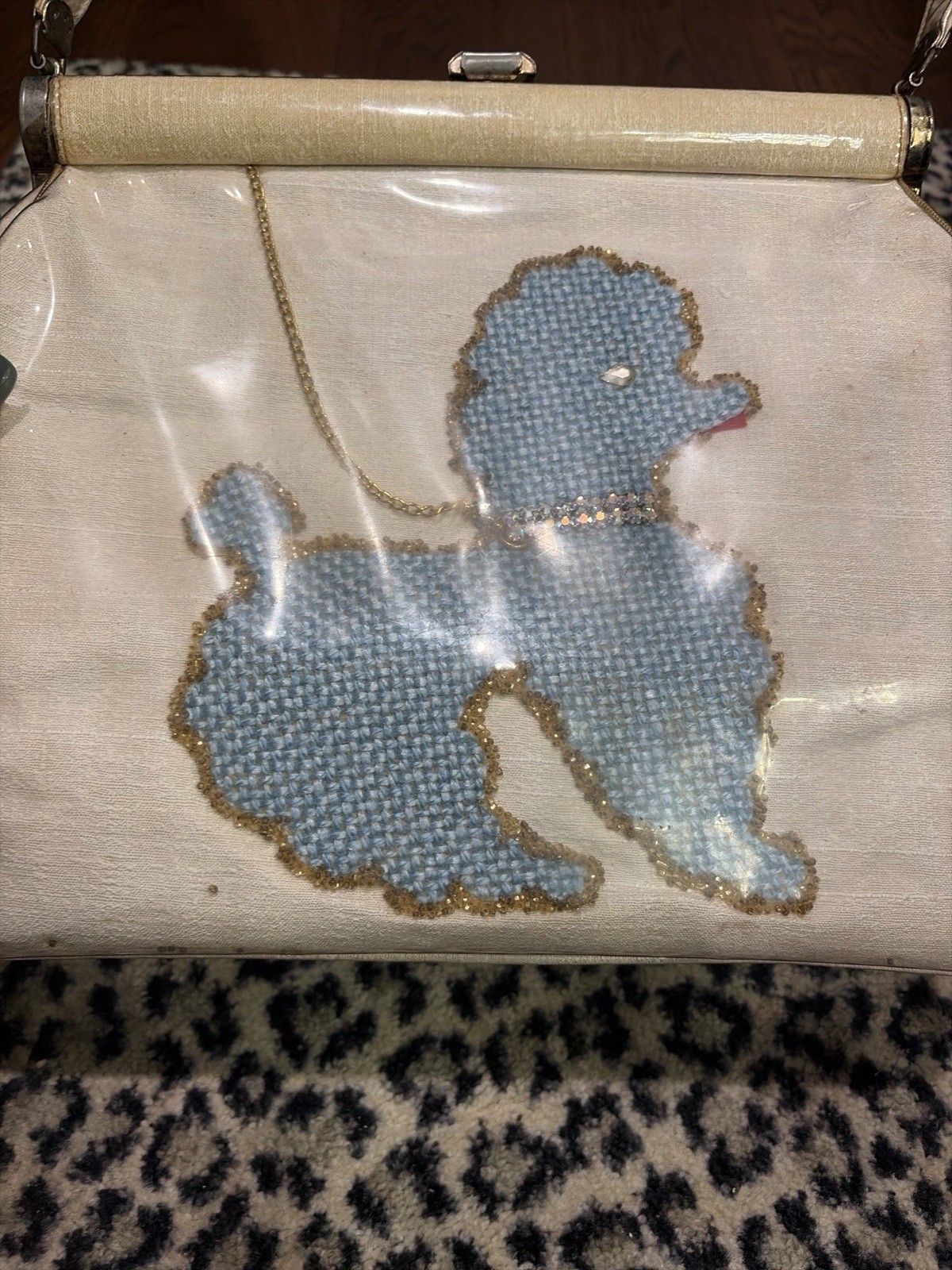 1950s Lucite Clear Plastic Poodle Purse Blue Beaded Dog Handbag MCM kitch
