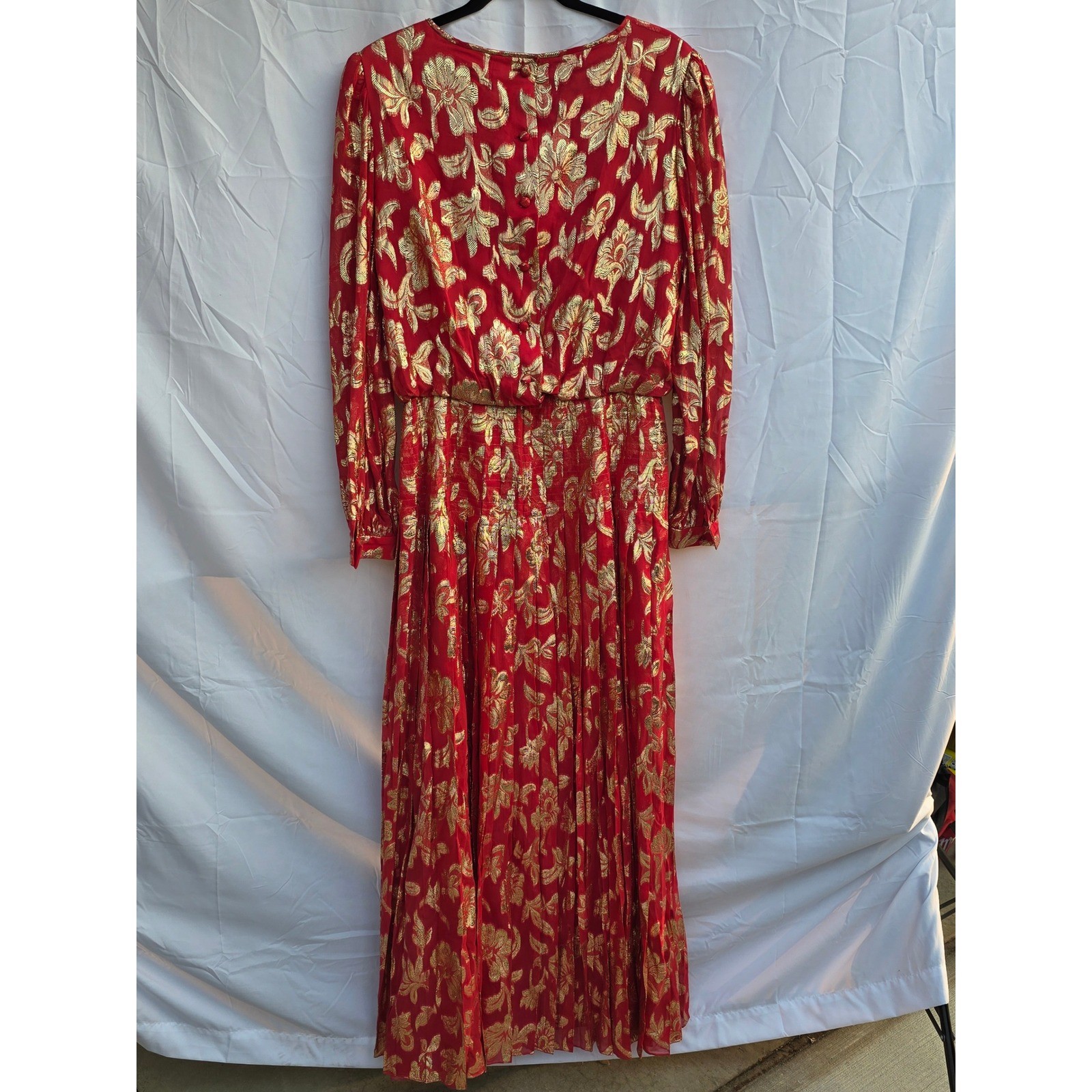 Vintage Raul Blanco Red Gold Metallic Floral Pleated Maxi Dress Evening Gown 12