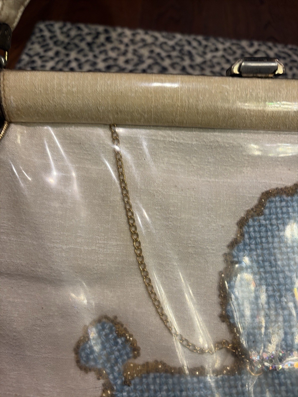 1950s Lucite Clear Plastic Poodle Purse Blue Beaded Dog Handbag MCM kitch