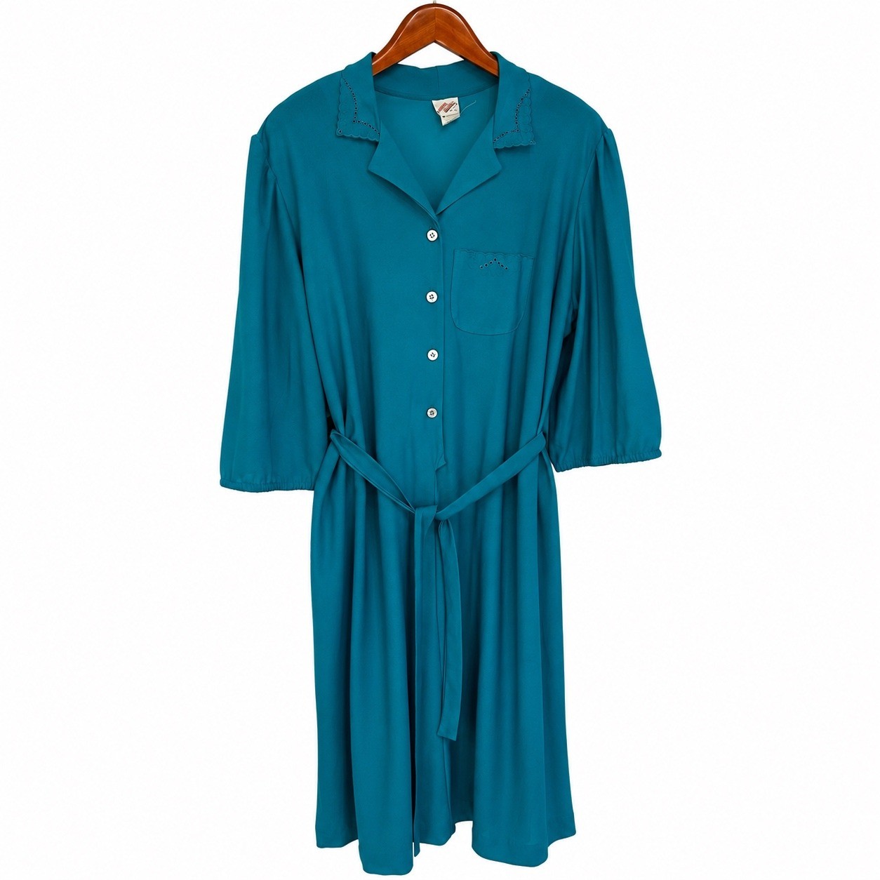 Vintage Laurel Ridge Teal Blue Button Front Belted Dress Eyelet Trim Size 22.5