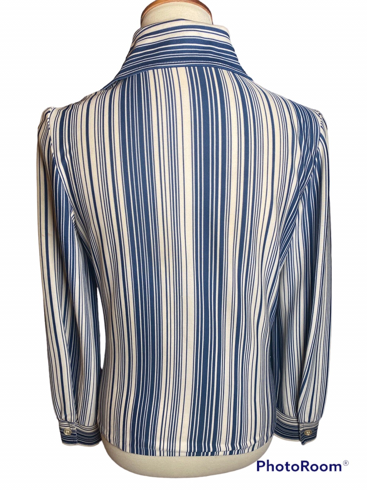 vintage 70s Blue and White Striped Button Down with Clear Buttons. size 8.