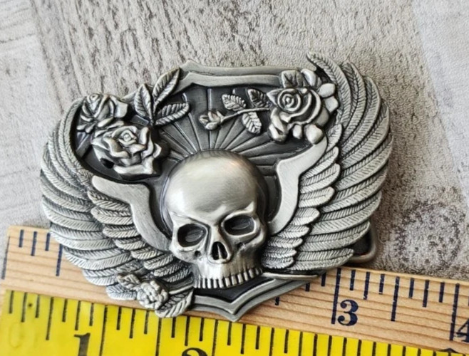 Vintage 1988 Siskiyou Born To Raise Hell Pewter Belt Buckle Skull Wings Biker