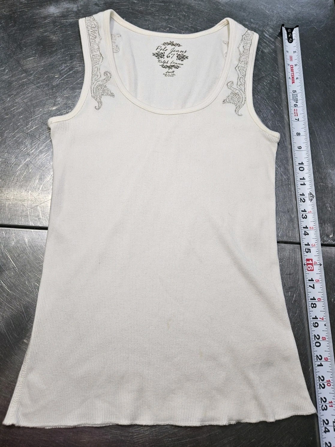 VTG Polo Jeans Co Ralph Lauren Tank Top Small Embellished Off White Faint Stain