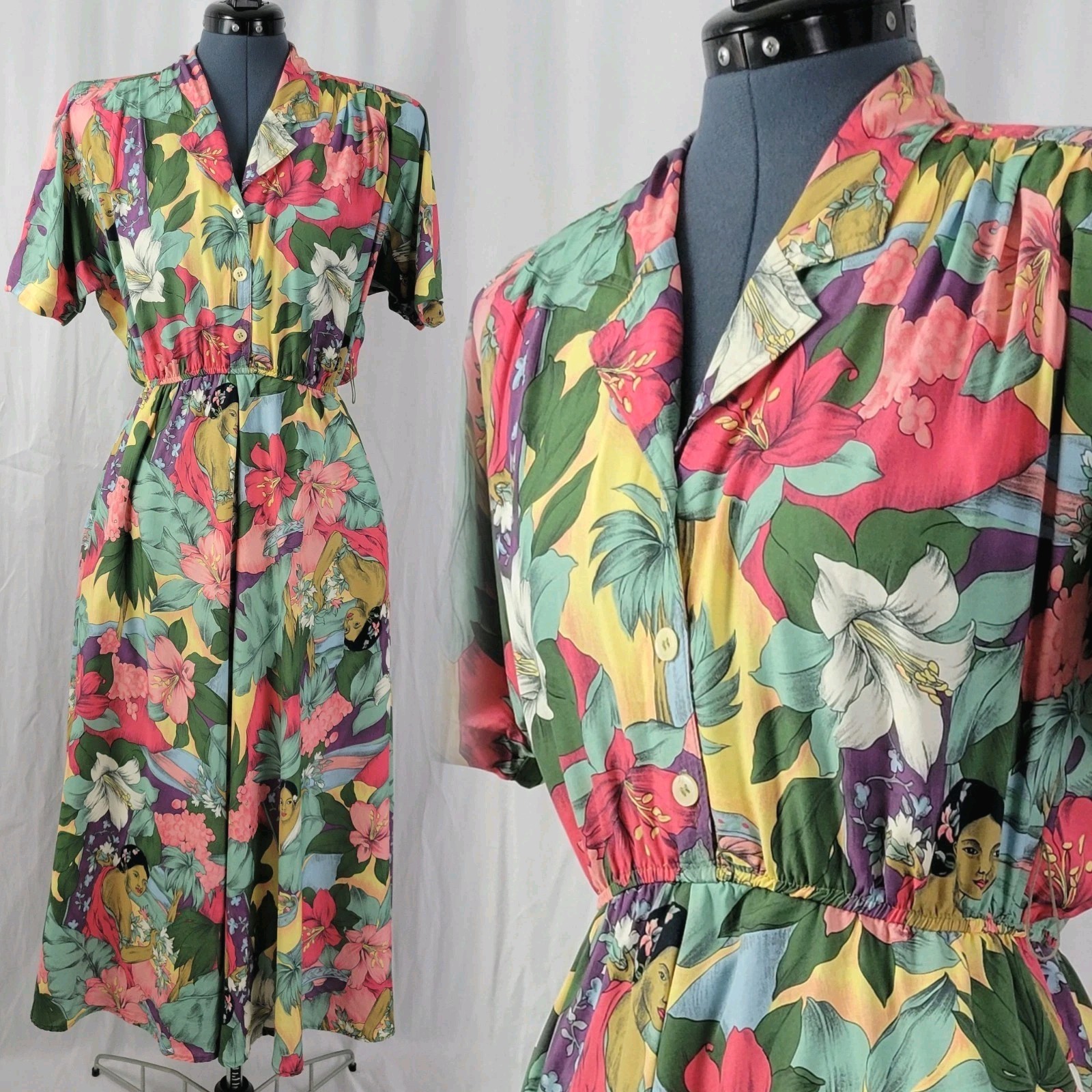Vtg Carol Anderson Multicolor Floral & Lady Printed Blouson Dress Size S/M?