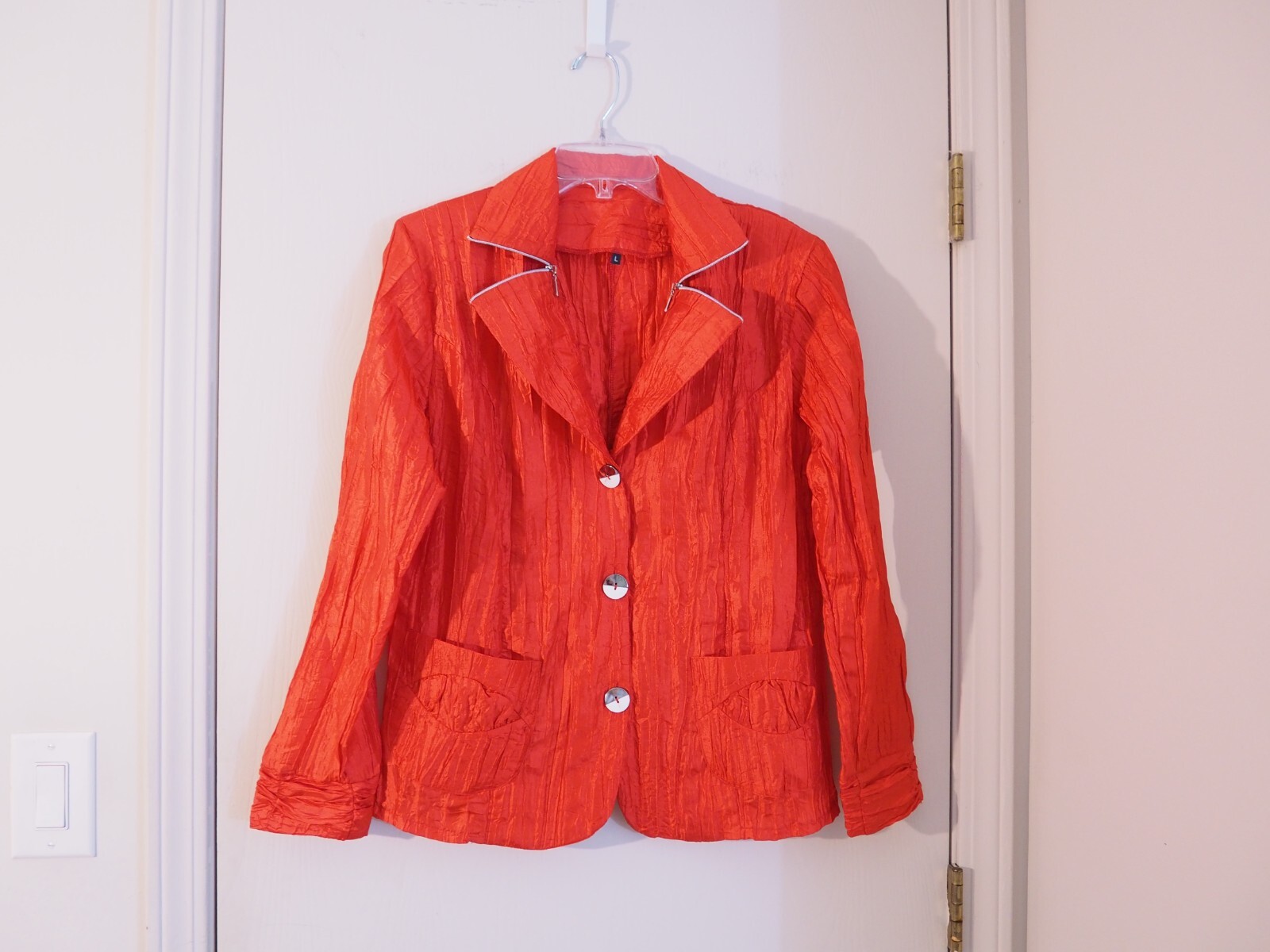 Vintage Red Crinkled Polyester Blend Collared Pockets Lightweight Jacket Size L