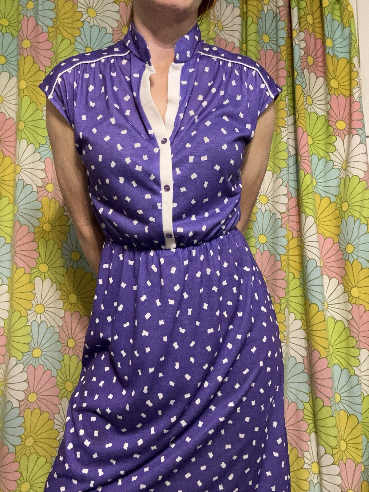 Vtg Shirtwaist Midi Day Dress Geo Dot Print Purple Retro Rockabilly Mod UNION MD