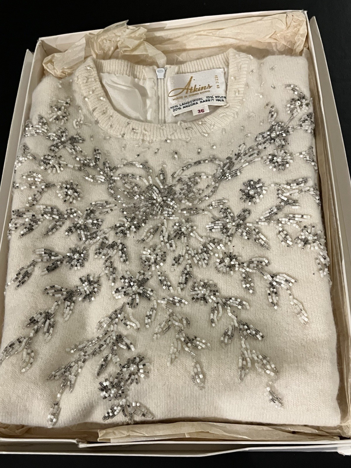 50s 60s VTG Beaded Sweater Top Shell Sleeveless Lined Lambs Wool Angora sz 36
